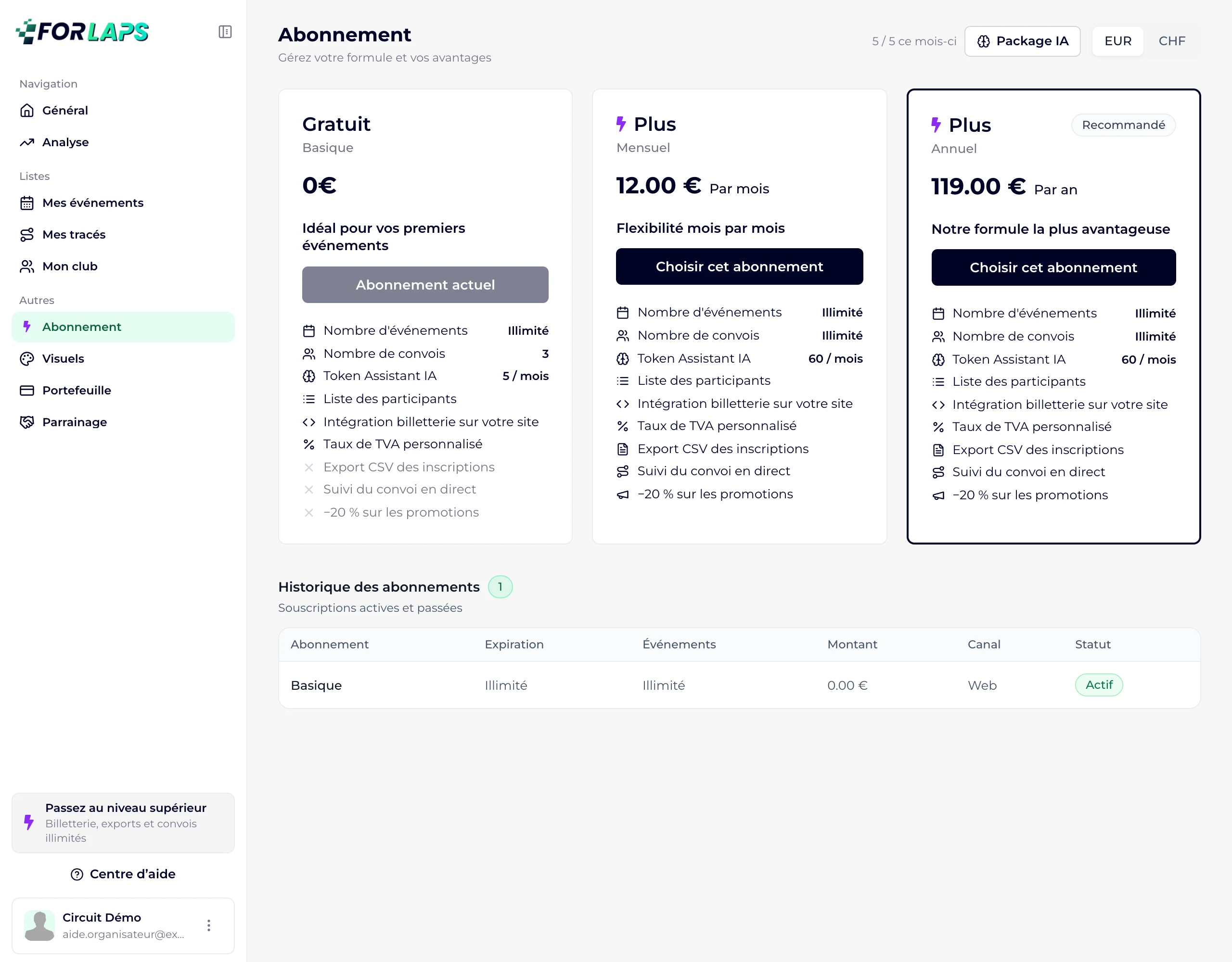 La page Abonnement avec les formules Gratuit, Plus mensuel et Plus annuel