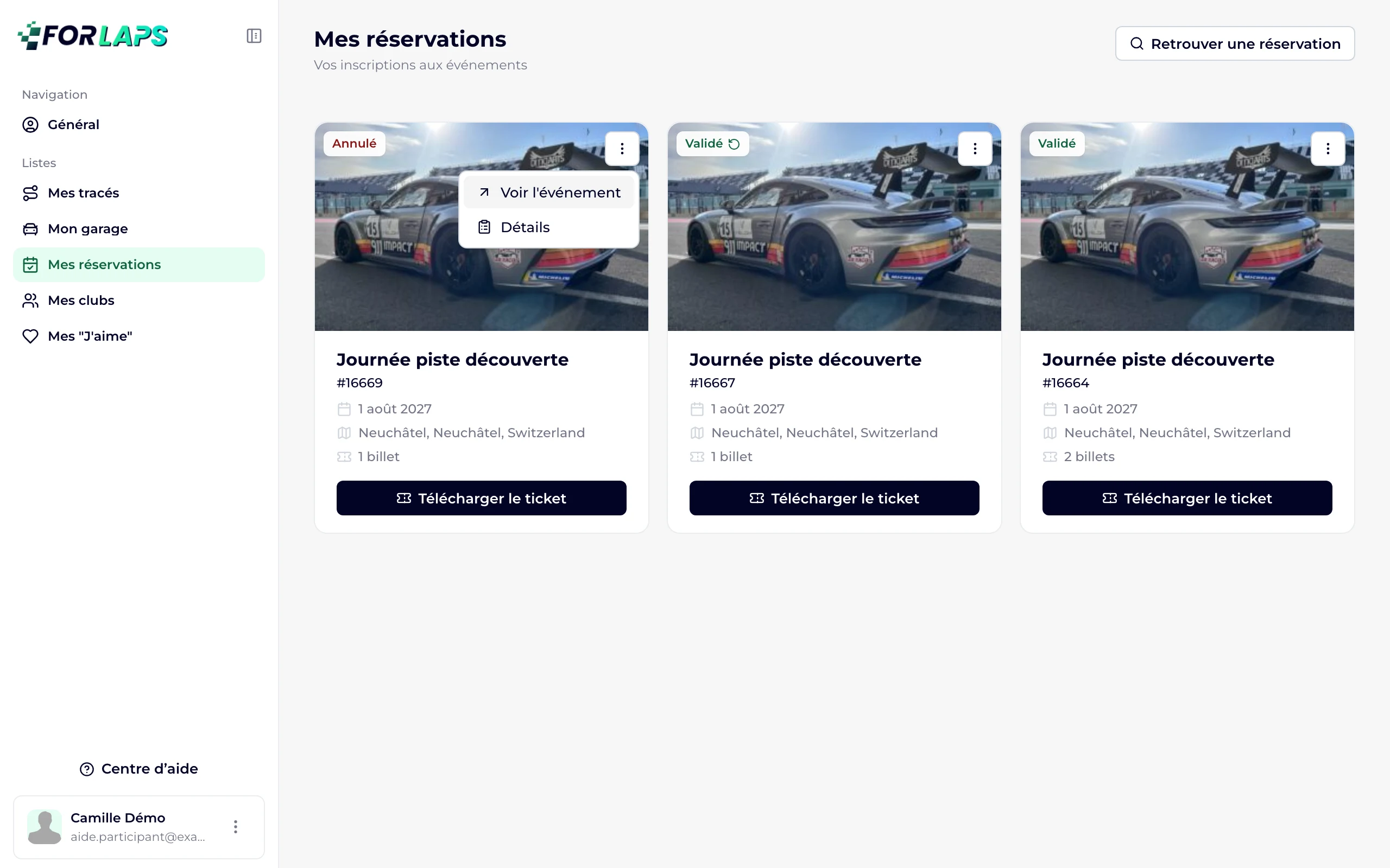 Le menu d'une réservation ouvert