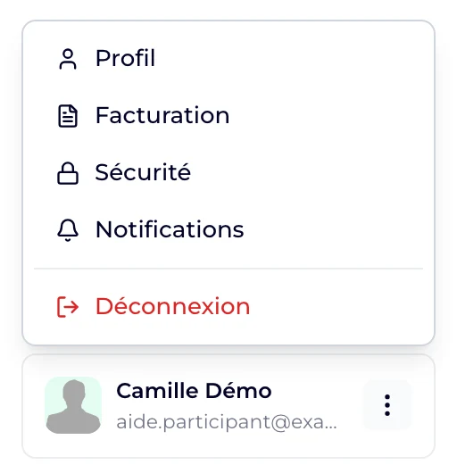 Le menu du compte ouvert en bas de la barre latérale, avec les entrées Profil, Facturation, Sécurité et Notifications
