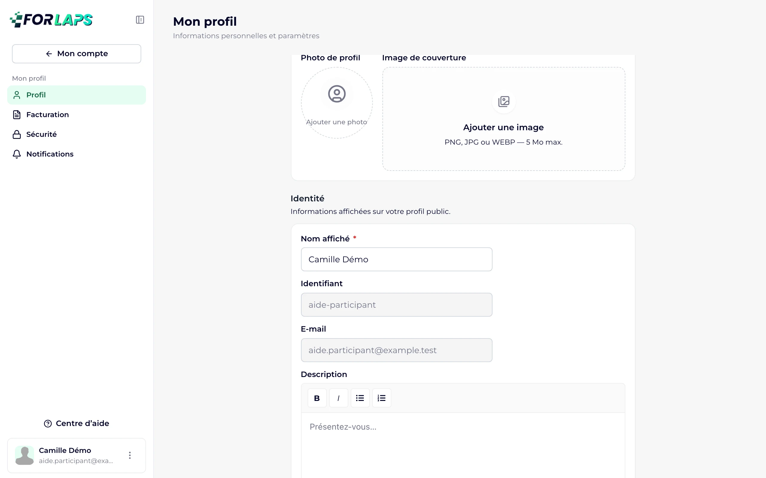 L'onglet Profil de Mon profil, avec la photo, l'image de couverture et la section Identité