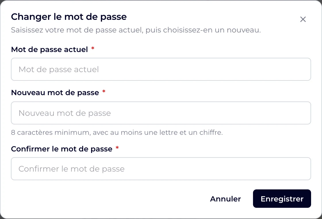 La fenêtre Changer le mot de passe