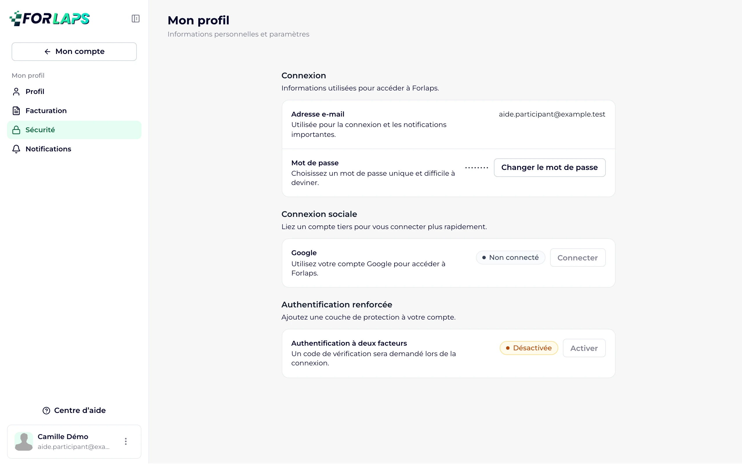 L'onglet Sécurité, avec la ligne Mot de passe et le bouton Changer le mot de passe
