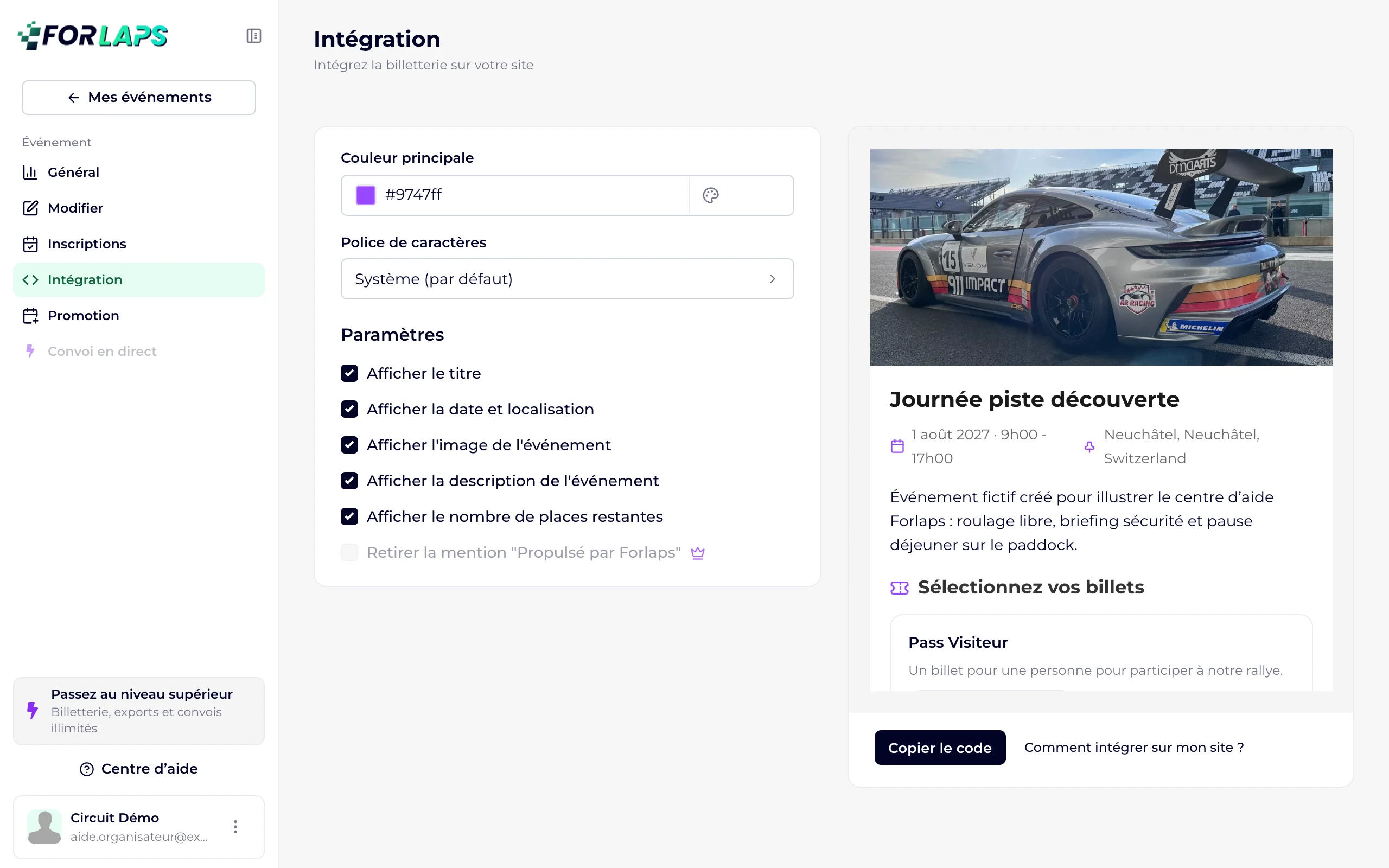 La page Intégration, avec les paramètres à gauche et l'aperçu à droite
