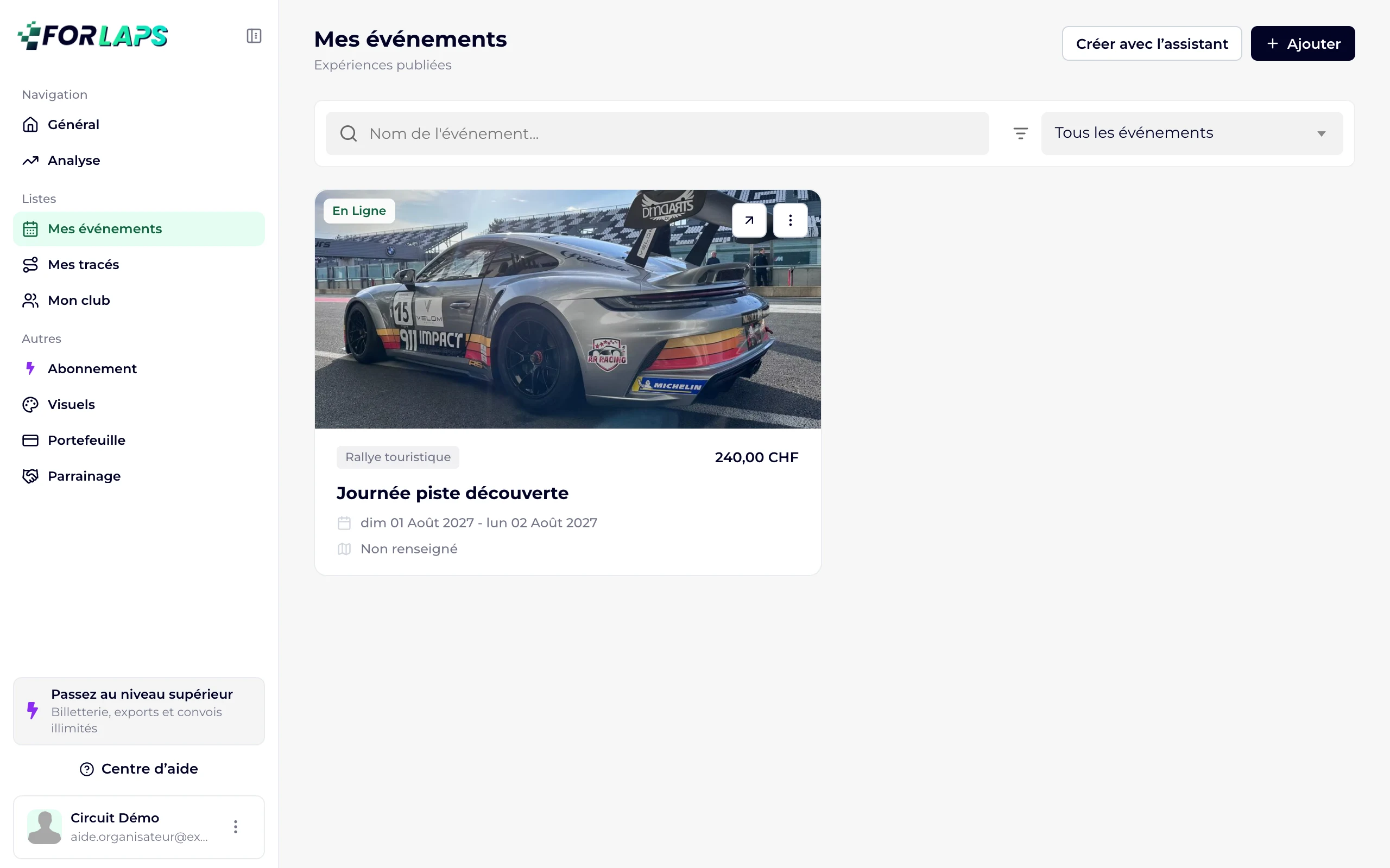 La page Mes événements avec les boutons Créer avec l'assistant et Ajouter