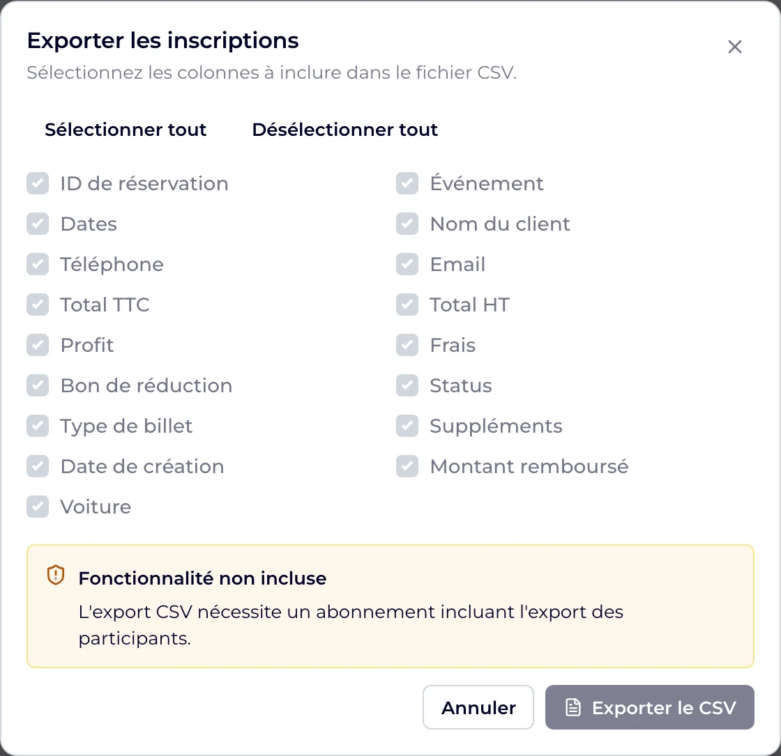 La fenêtre Exporter les inscriptions
