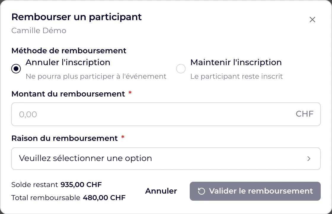 La fenêtre Rembourser un participant