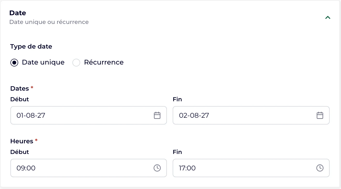 La section Date avec une date unique