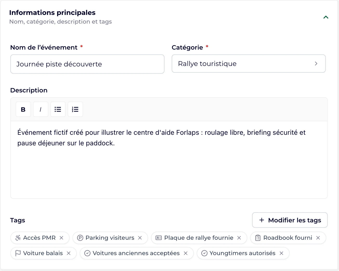 La section Informations principales ouverte