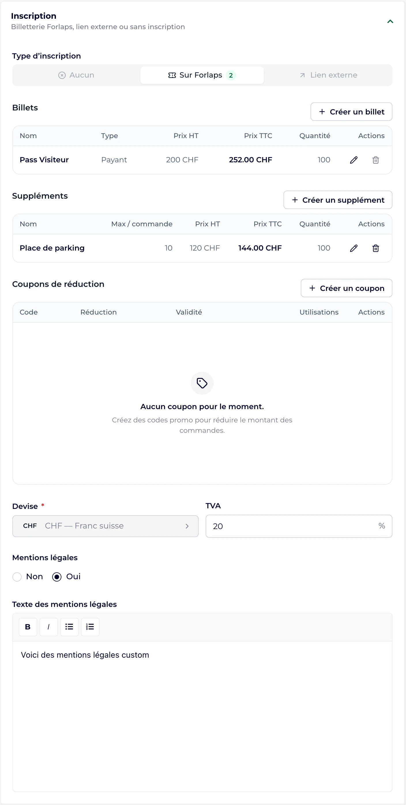 La section Inscription en mode Sur Forlaps, avec les billets, suppléments et coupons