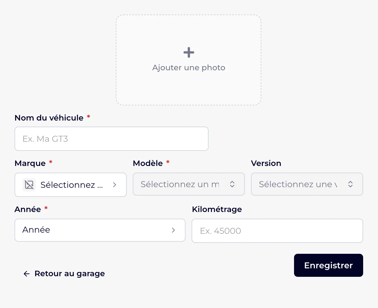 Le formulaire Ajouter un véhicule