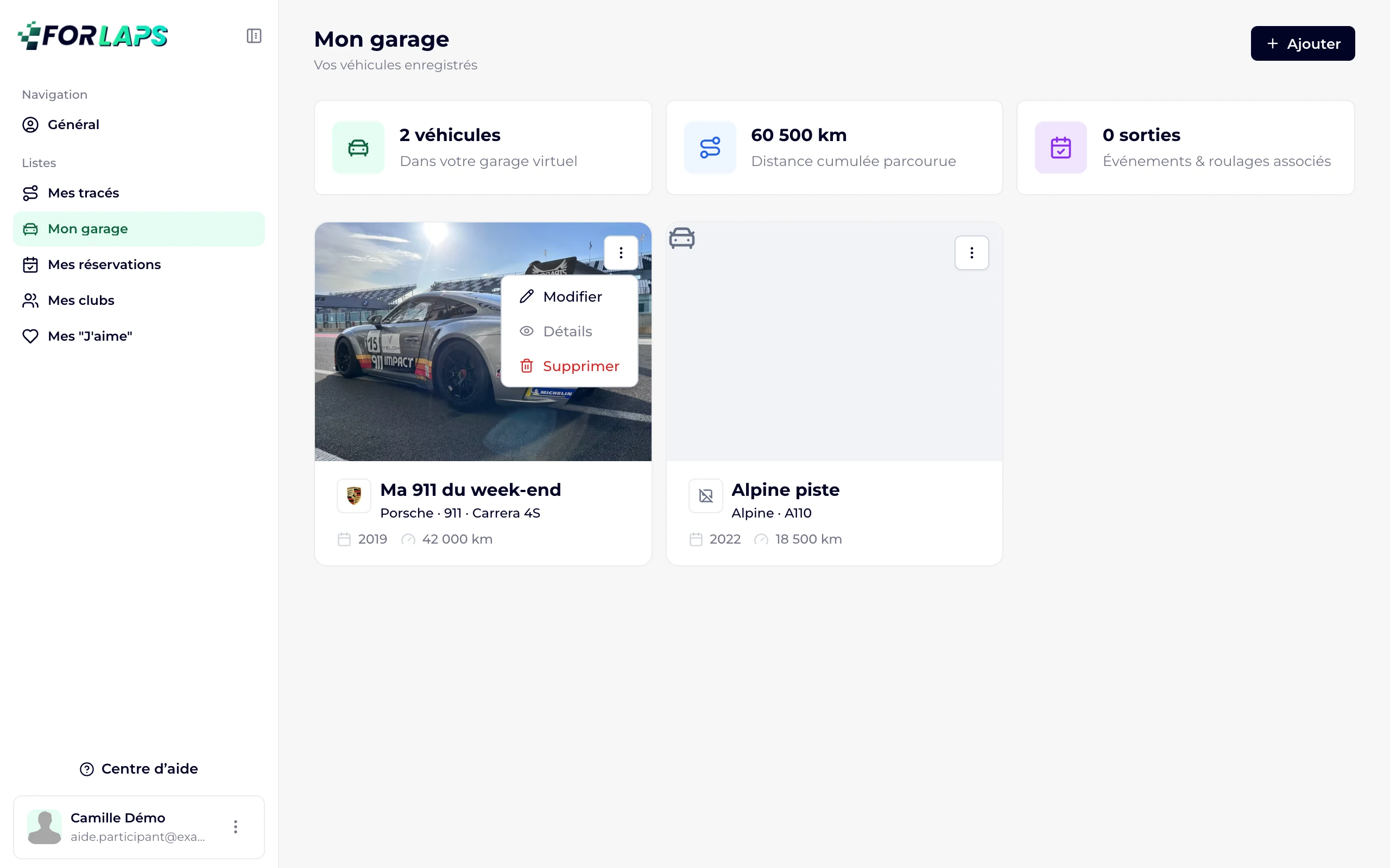 Le menu d'actions d'un véhicule